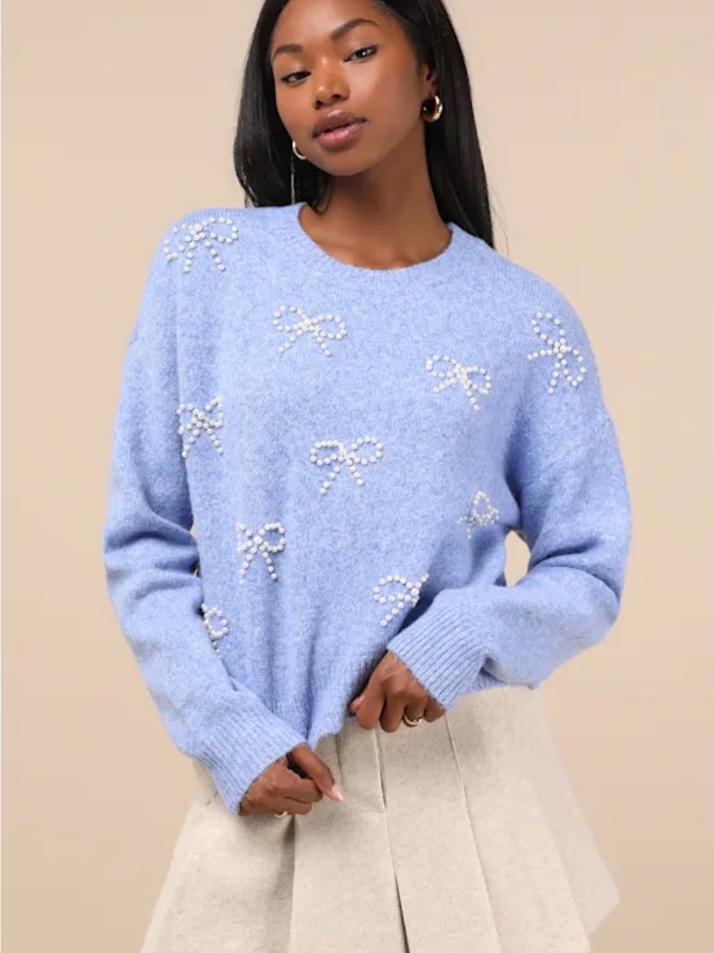 Lulu's Lavish Coziness Pearl Bow Pullover Sweater Marled Blue Size M/L